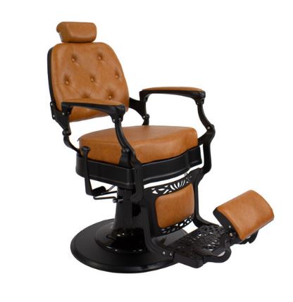 The ADAMS Barber Chair by Berkeley (SEVERAL OPTIONS AVAILABLE) 52023 ((SHIP ONLY))  ((ONLINE EXCLUSIVE)) with a tan leather seat and footrest.