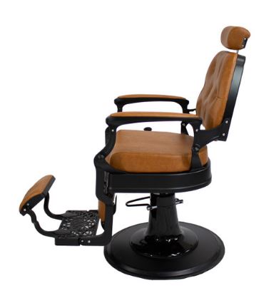 A ADAMS Barber Chair by Berkeley (SEVERAL OPTIONS AVAILABLE) 52023 ((SHIP ONLY))  ((ONLINE EXCLUSIVE)) with a tan leather seat.