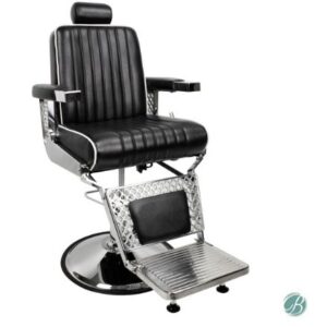 A FITZGERALD barber chair with a chrome base and black leather seat.