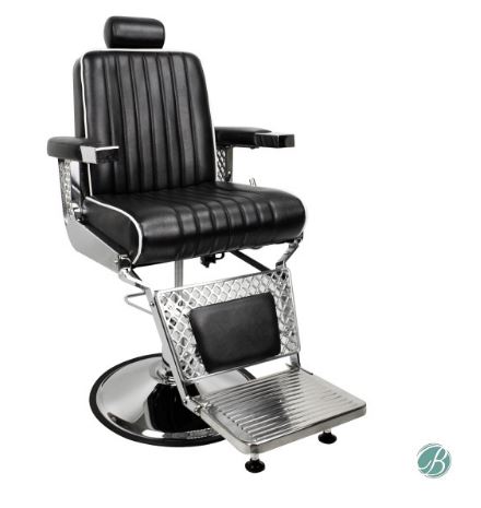 A FITZGERALD barber chair with a chrome base and black leather seat.