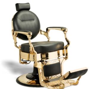 A MCKINLEY barber chair (black/gold) 52022 ((online exclusive)) ((ship only)) with black leather seats.