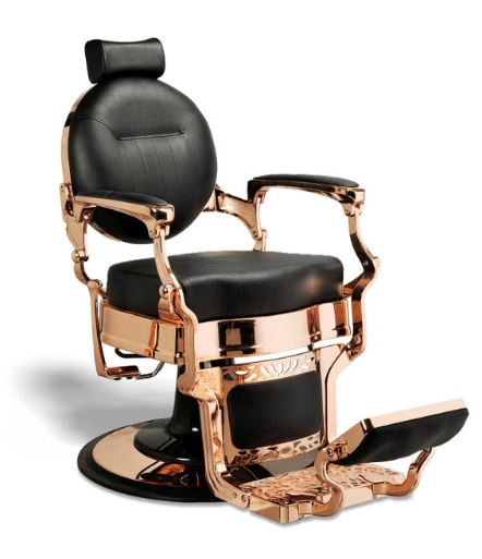 A MCKINLEY BARBER CHAIR (BLACK/ROSE GOLD) 52022 ((ONLINE EXCLUSIVE)) ((SHIP FREIGHT ONLY)) with a black leather seat.