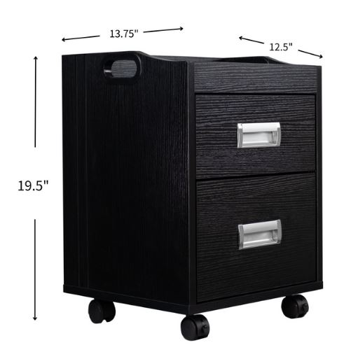 A black ALERA PEDI TROLLEY 6291 with two drawers and measurements.