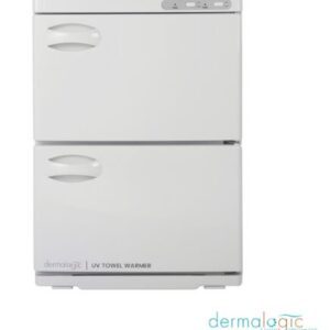 A DERMALOGIC Double UV Towel Warmer 36L with two drawers on a white background.