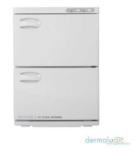 A DERMALOGIC Double UV Towel Warmer 36L with two drawers on a white background.