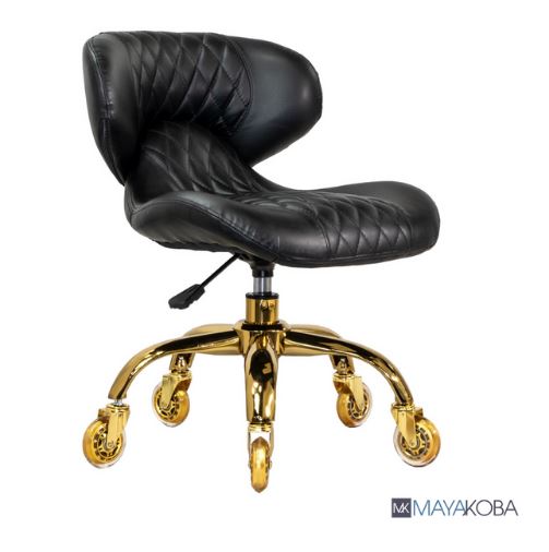 A black leather office chair with HUGO Pedicure Stool (GOLD Casters) 10723 ((Online Exclusive)) ((Ship Only)).