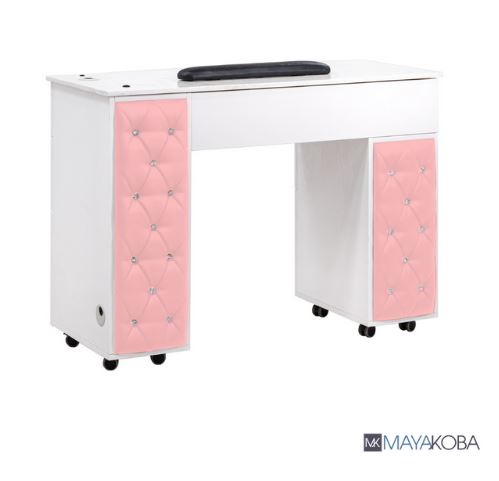 A white and pink DREXEL Tufted Single Manicure Table 151 ((Online Exclusive))  ((Ship Only))  ((Four different Colors)) with wheels.